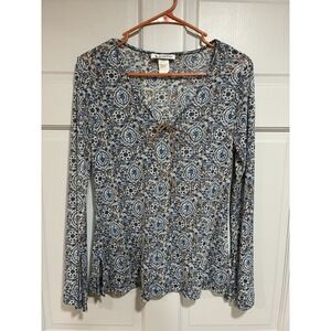 Vintage Y2K Self Esteem Top Women XL Floral‎ Flared Sleeve Semi Sheer V Neck